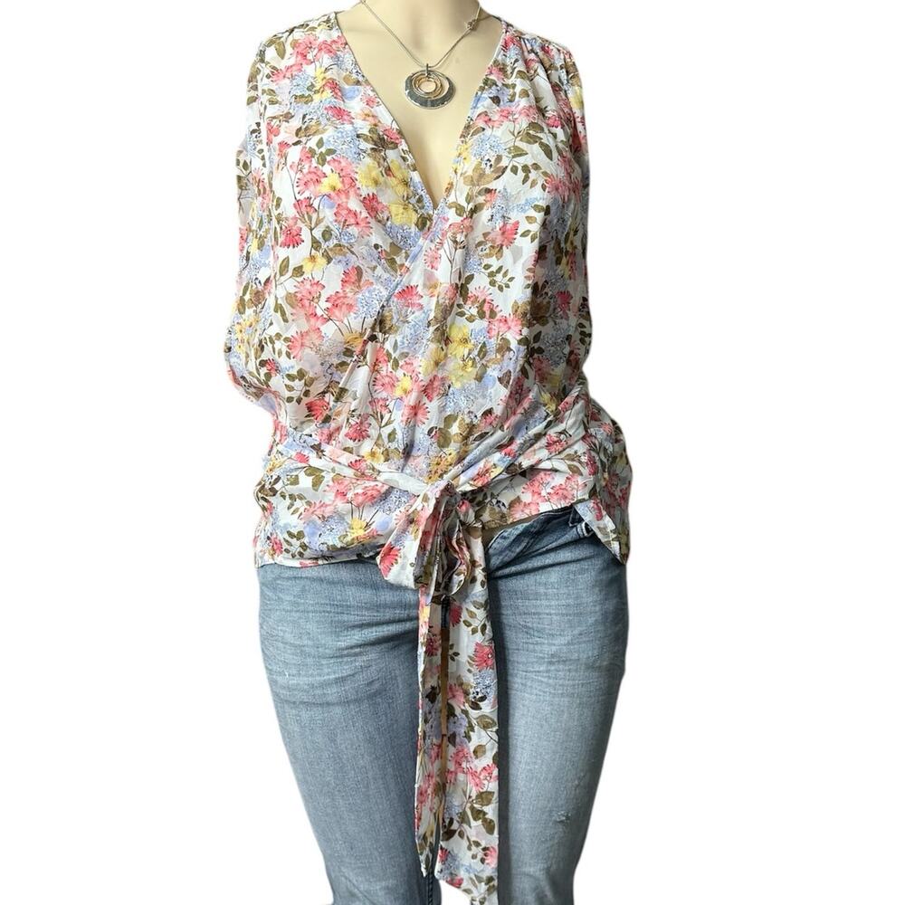 Lane Bryant Beautiful Wrap Around Blouse Size 28 in Blue, Pink, Yellow Floral